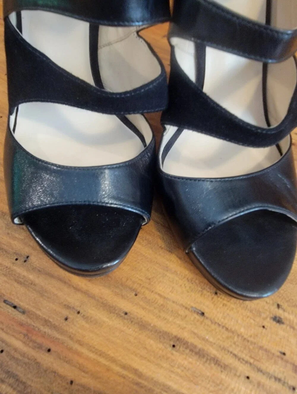 Nine West Sz 8 Black Faux Leather & Suede Stappy Peep Toe 4